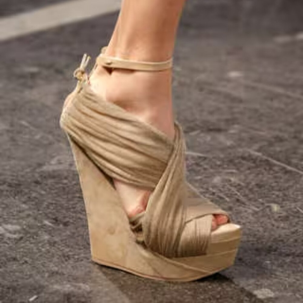 Givenchy runway jersey bandage wrap suede peep toe platform chunky wedge sandal